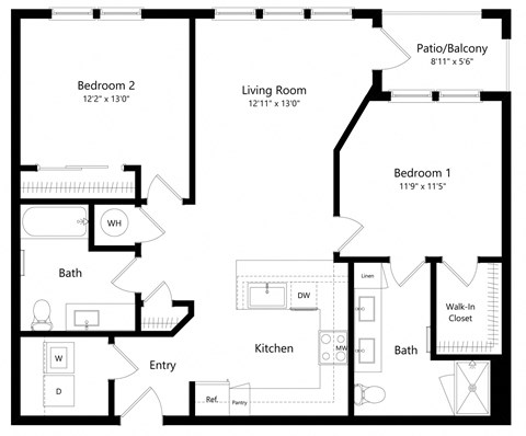 Floor plan for 2 beds, 2 baths, 1026 sqft